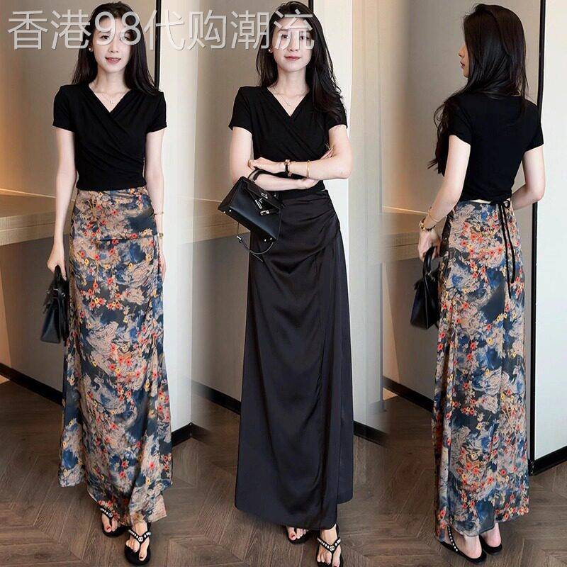 香港代购时尚连衣裙套装女夏新款显瘦V领短袖T恤印花半身裙两件套