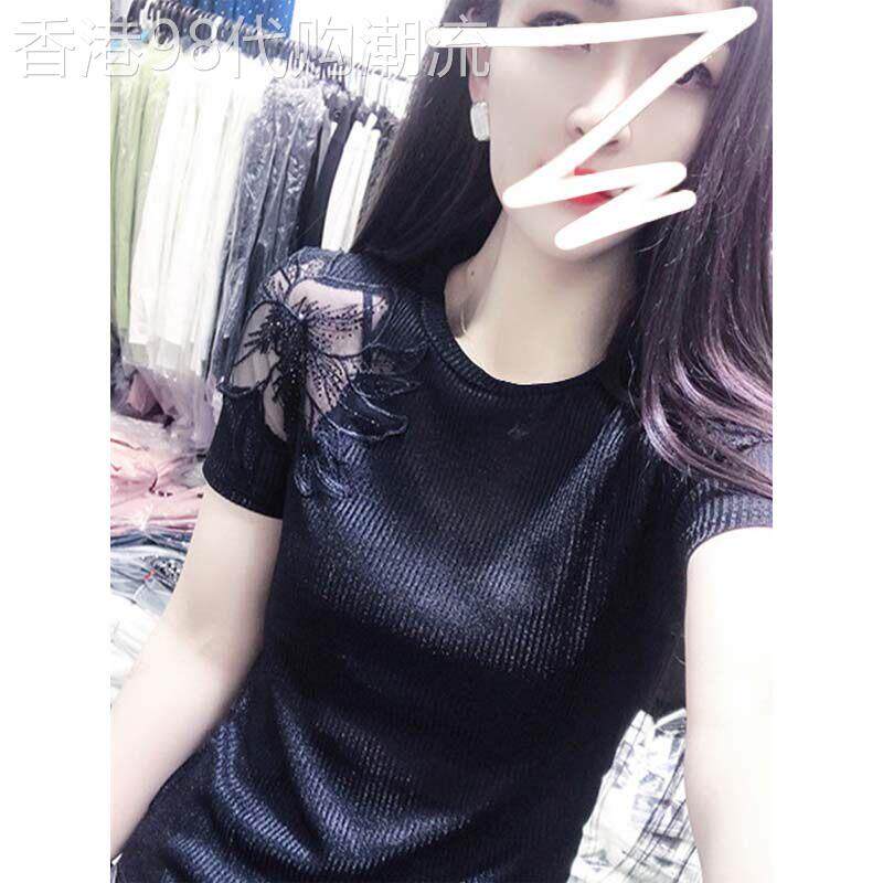 欧洲站性感蕾丝露肩短袖t恤女夏季欧货修身简约百搭洋派半袖上衣