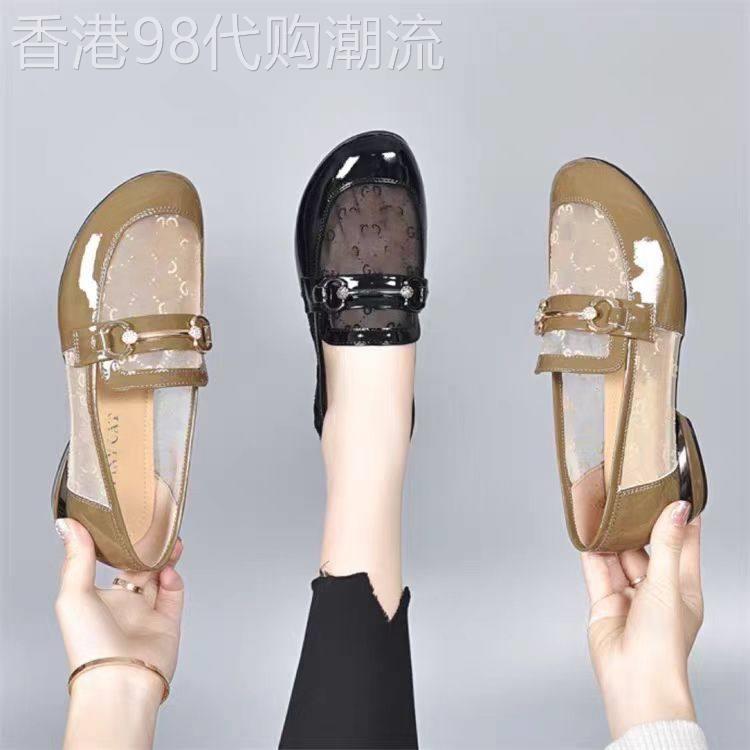香港真皮网纱夏季单鞋女春夏新款圆头低跟镂空透气乐福鞋豆豆鞋女