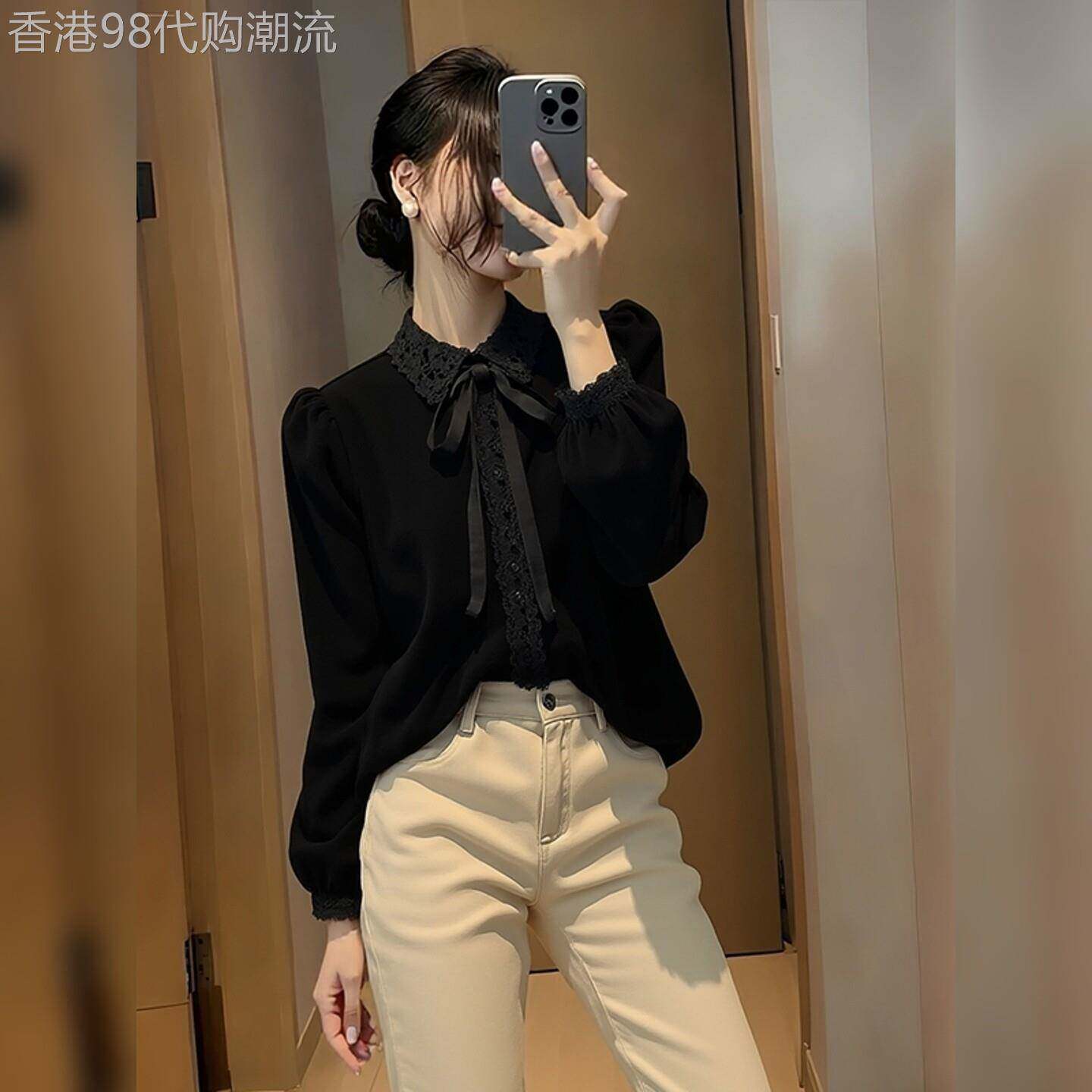 法式赫本风蕾丝拼接蝴蝶结系带衬衫女2025秋冬新款洋气显瘦上衣潮