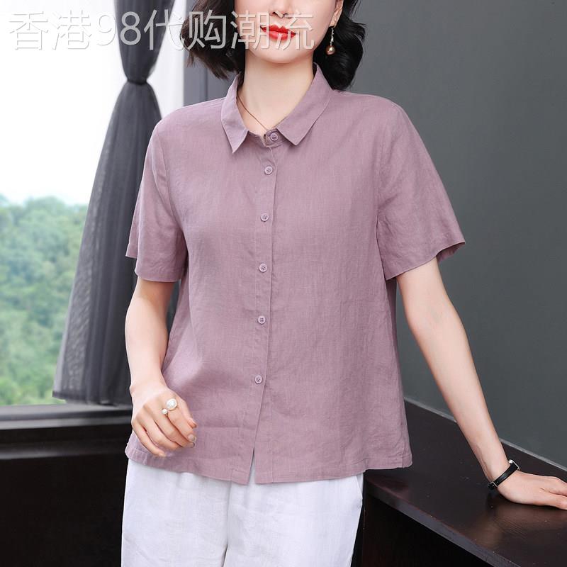 中年妈妈2026夏季新款纯亚麻翻领衬衫女短袖休闲宽松百搭上衣薄款
