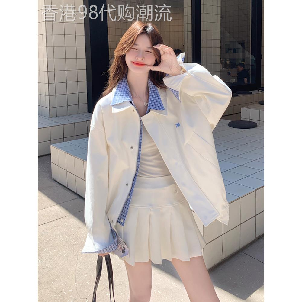 白色假两件格子翻领工装外套女2025秋季新款韩系独特漂亮宽松夹克