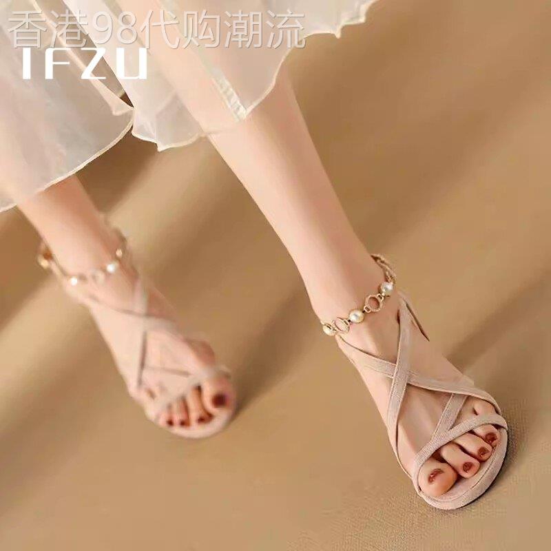 真皮高跟凉鞋女性夏季2025新仙女风格多才多艺珍珠中跟与裙子厚跟