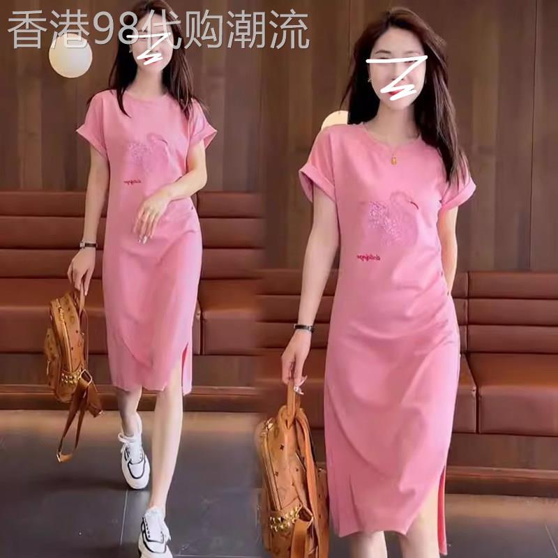 圆领短袖中长版开叉洋装女士夏季欧货时尚气质简约减龄休闲裙子