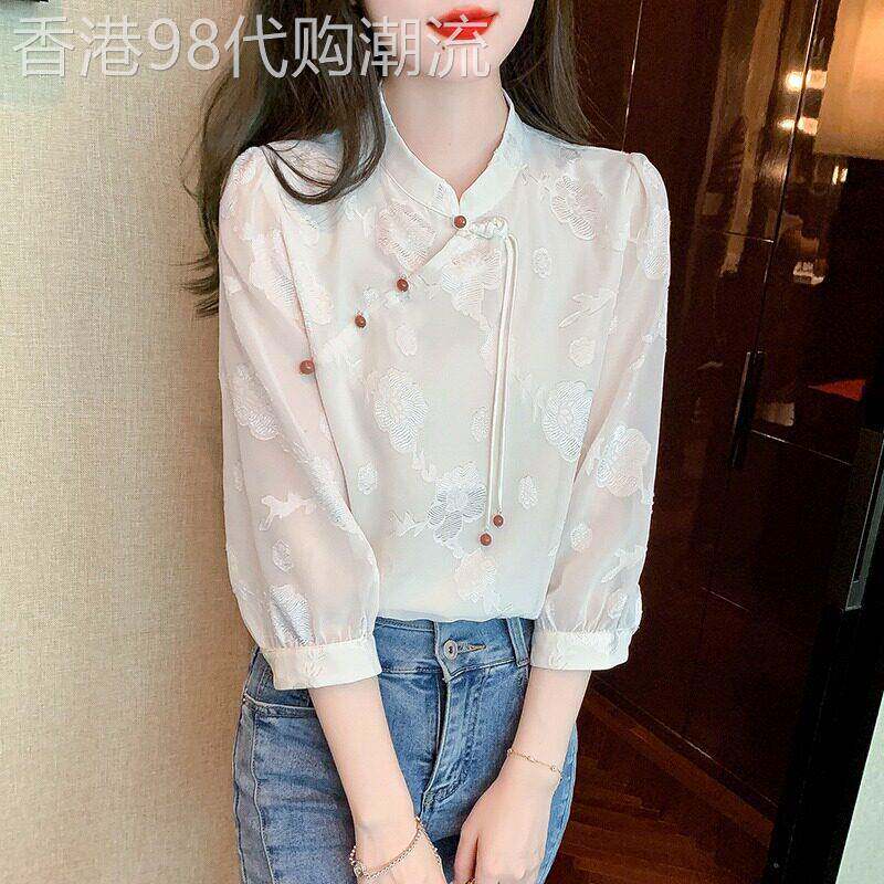 潮牌国风改良版旗袍雪纺衬衫女2026夏季七分袖衬衣新中式立领上衣