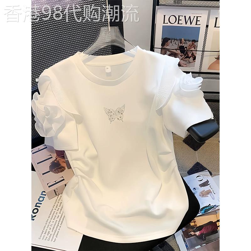 白色设计感蝴蝶烫钻短袖T恤女夏季欧货圆领修身显瘦百搭休闲上衣