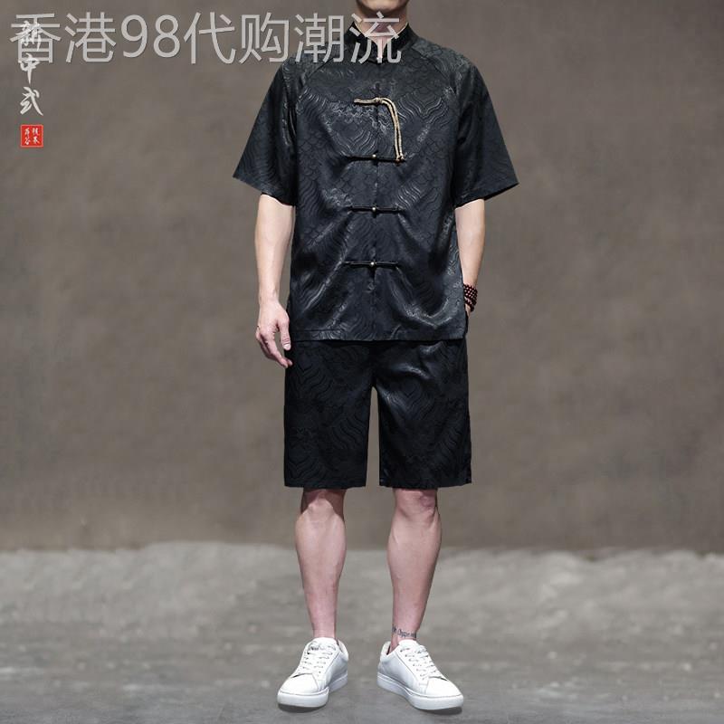 新中式铜扣唐装男士衬衫夏季薄款轻奢复古中山装透气短袖短裤套装