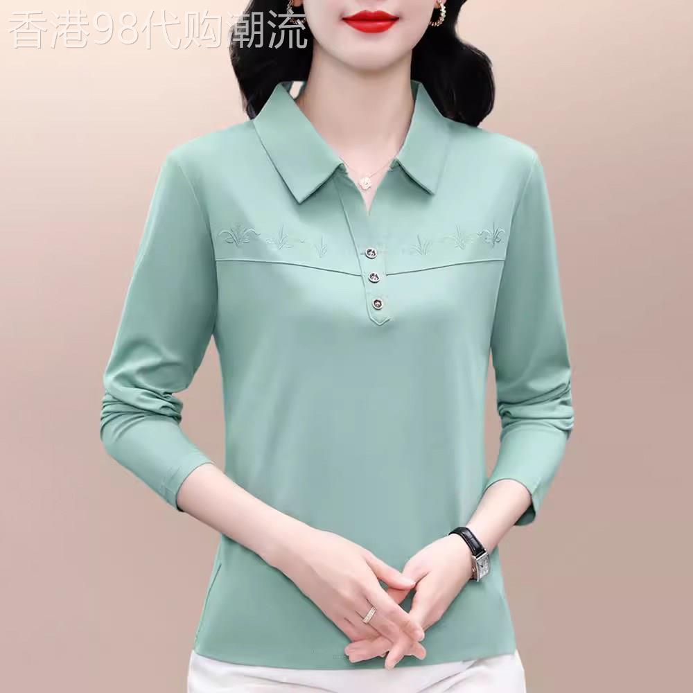 中年妈妈修身显瘦翻领长袖t恤女2026新款春秋时尚洋派休闲上衣