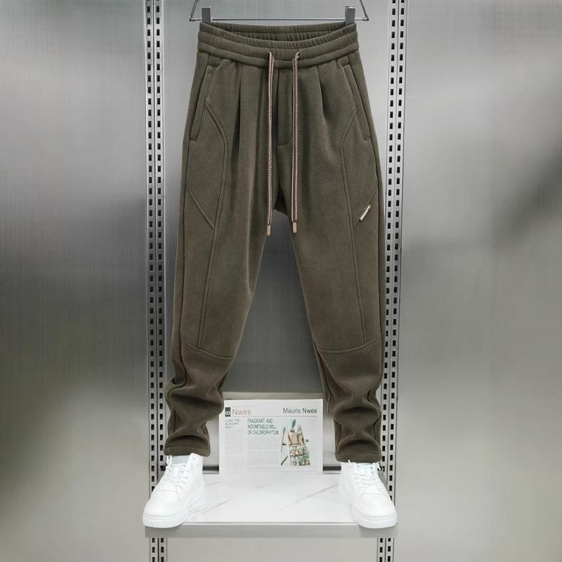 MAROLIO~美式复古！拼接针织条纹休闲裤男秋冬加绒保暖修身小脚裤