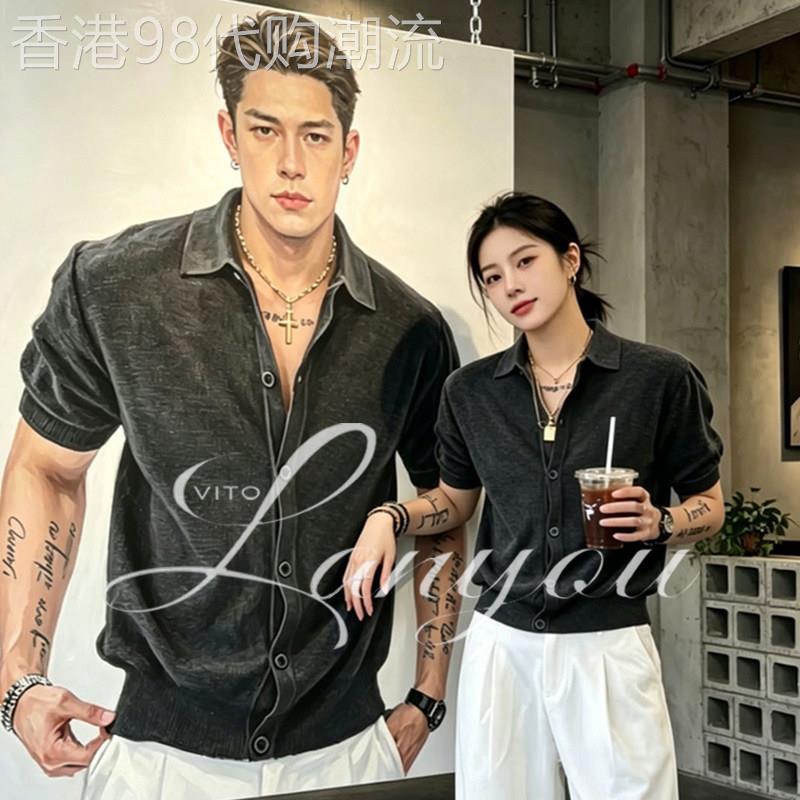 VITO美式复古polo衫开衫重磅衬衫男士性张力衬衫痞帅半截袖高级感