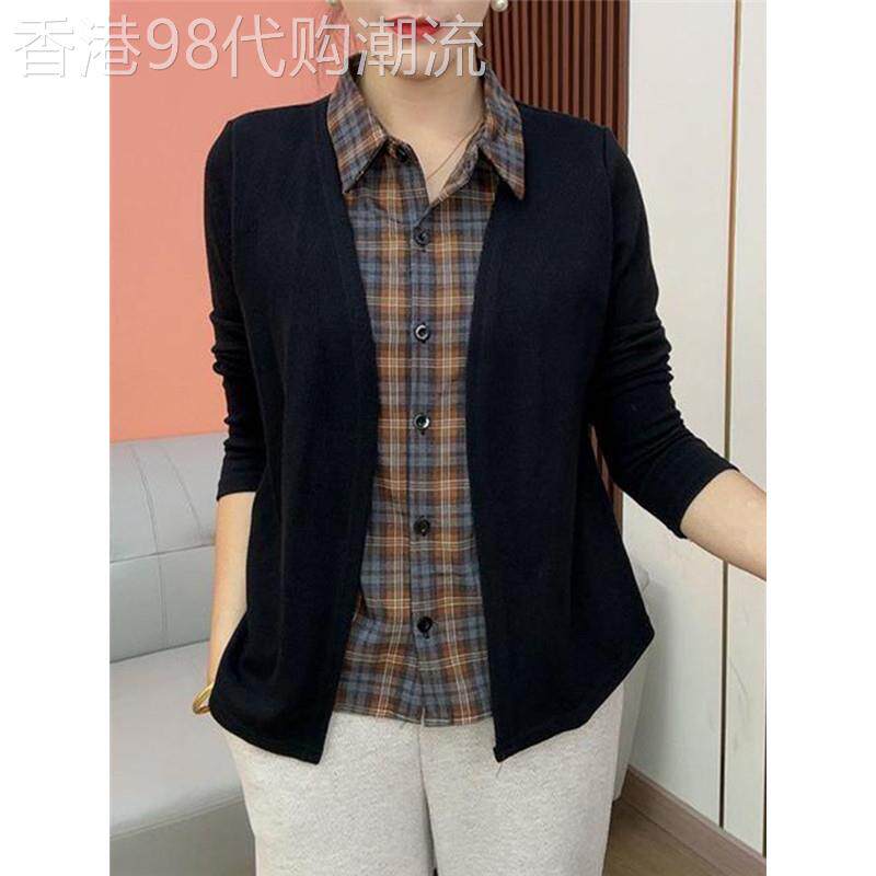 休闲假两件长袖衬衫女春秋装新款时尚设计感格子拼接女士衬衣上衣