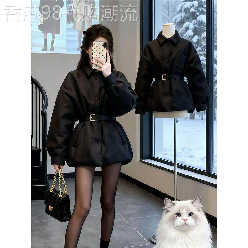 韩系气质高级感黑色收腰棉服女款巨好看的冬装翻领保暖厚外套