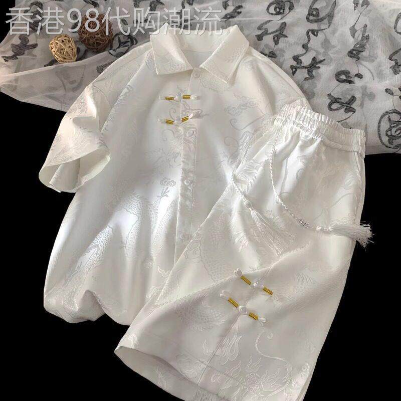 轻奢新中式冰丝短袖衬衫套装男士夏季薄款国风龙纹盘扣短裤两件套