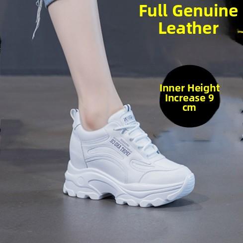 真皮纯白色爸爸鞋与9厘米内高增加网透气休闲运动鞋软底轻便旅行