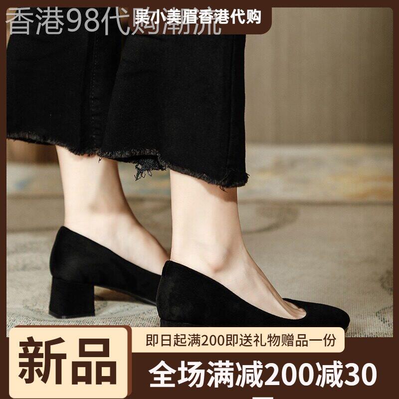香港百搭大码单鞋女黑色磨砂皮高跟鞋春秋新款小码粗跟职场工作鞋