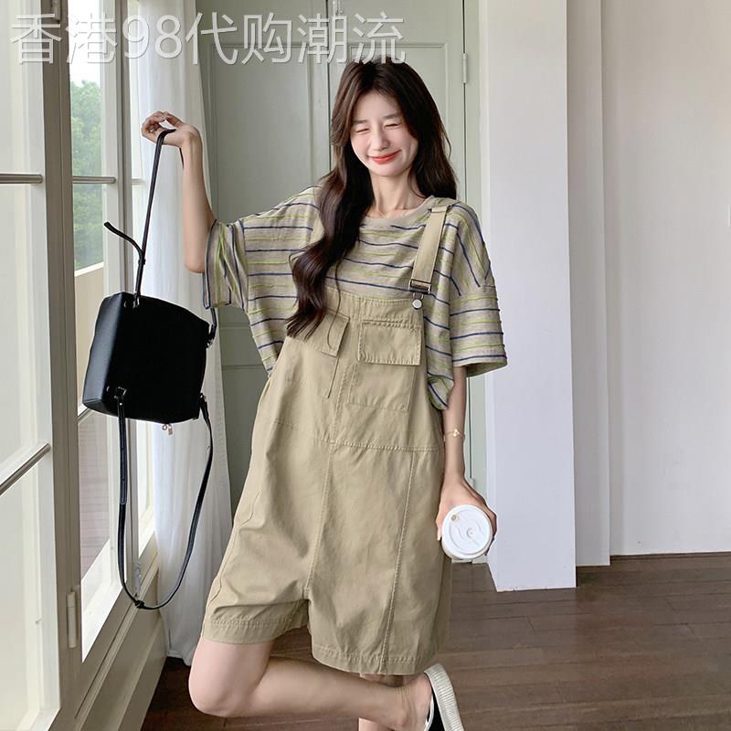 卡其色休闲工作服抱婴袋短裤套装女2026夏季小个子条纹T恤减龄两
