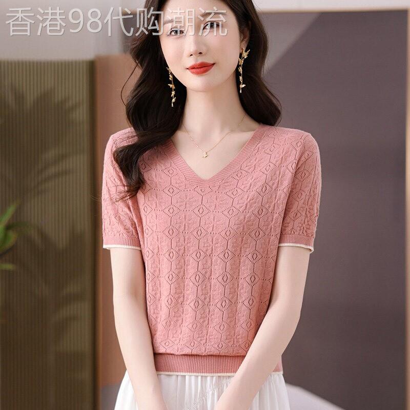 夏季新款中年妈妈装V领冰丝短袖t恤女洋派减龄半袖上衣小衫薄款