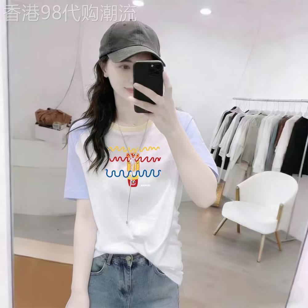 韩系撞色插肩袖短袖T恤女生夏季新款设计感小众宽松显瘦圆领上衣