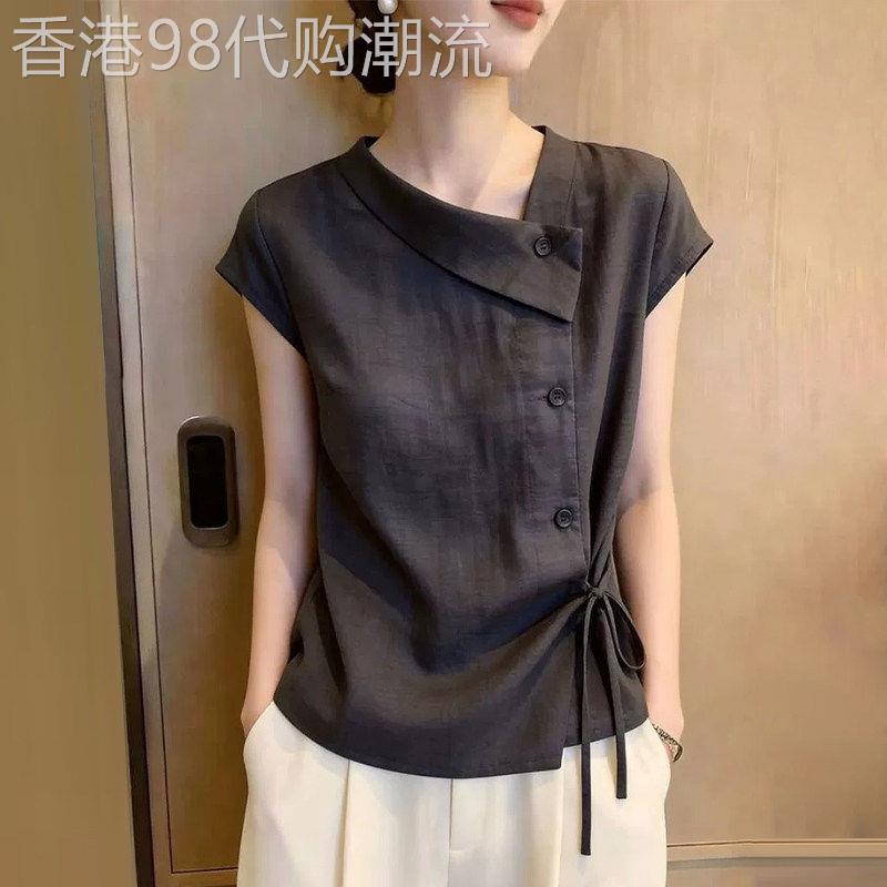 灰色不规则系带短袖衬衫女士夏季薄款2026新款时尚减龄设计感上衣