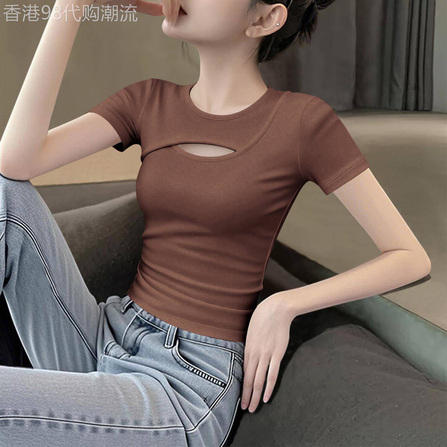 2026夏季新款镂空正肩短袖上衣女设计感针织螺纹咖色百搭修身T恤