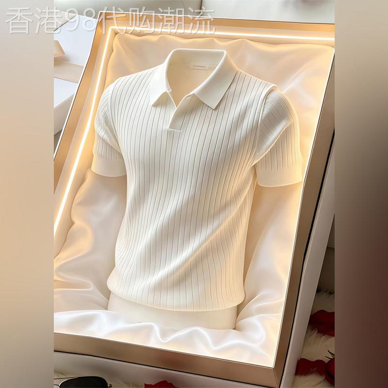 高端老钱风海鸥领针织短袖男人夫感正肩条纹polo衫T恤宽肩半袖潮