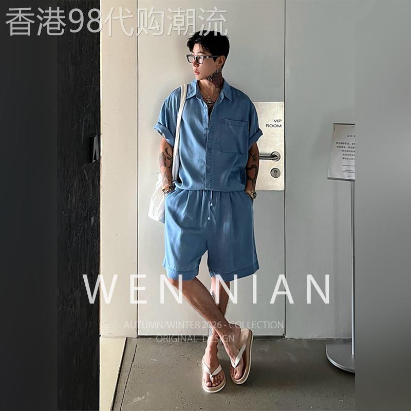 韩国WEN NIAN莱赛尔亚麻短袖衬衫套装男2026春夏季老钱风棉麻短裤