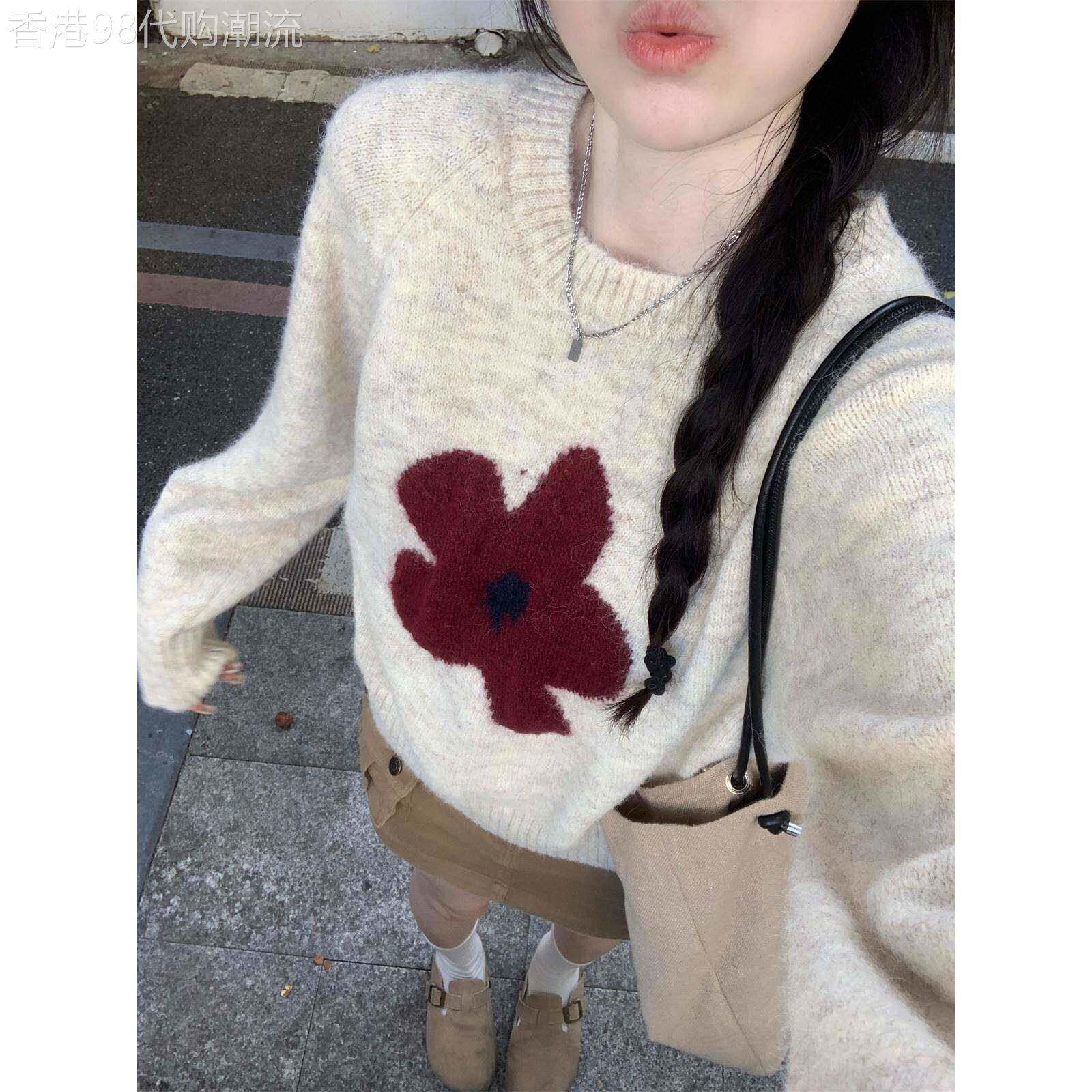 日系慵懒温柔花朵提花减龄套头圆领长袖针织衫毛衣女秋冬打底上衣