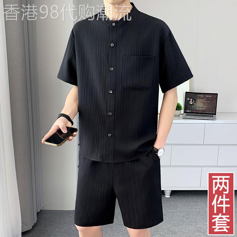 冰丝短袖衬衫套装男士夏季2026新款潮牌轻奢轻熟风休闲男装一整套