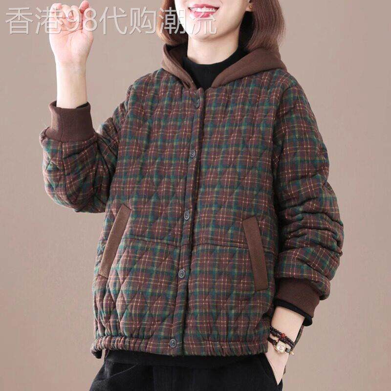 复古绿格纹棉服女连帽短款宽松保暖棉衣外套