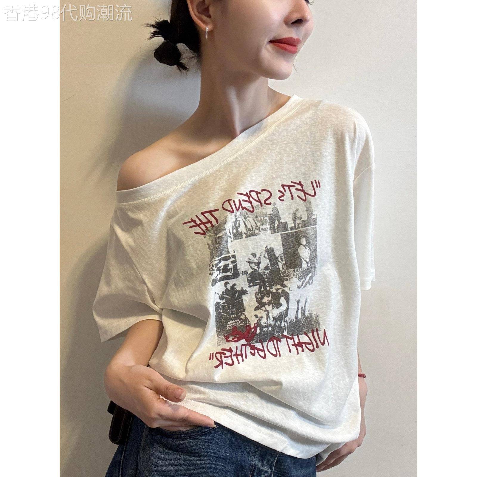 露肩短袖T恤女2026夏季新款洋派减龄休闲薄款套头上衣一字领T恤