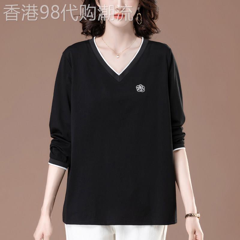 加肥加大码女装长袖t恤春秋2026新款中年妈妈V领外穿宽松显瘦上衣