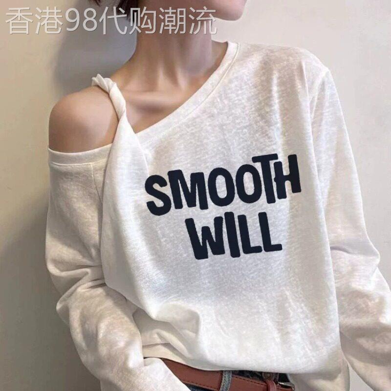 斜领打底衫女春秋薄款2026新款美式宽松显瘦露肩内搭长袖T恤上衣