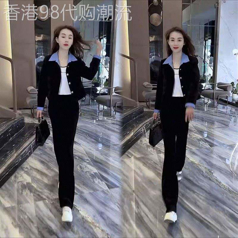 灯芯绒西装职业套装女春秋欧货拼接撞色衬衫西装外套阔腿裤两件套