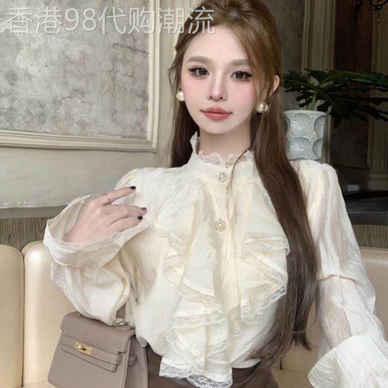 秋冬小香风荷叶边蕾丝衬衫女半高领打底衫内搭宫廷泡泡喇叭袖上衣