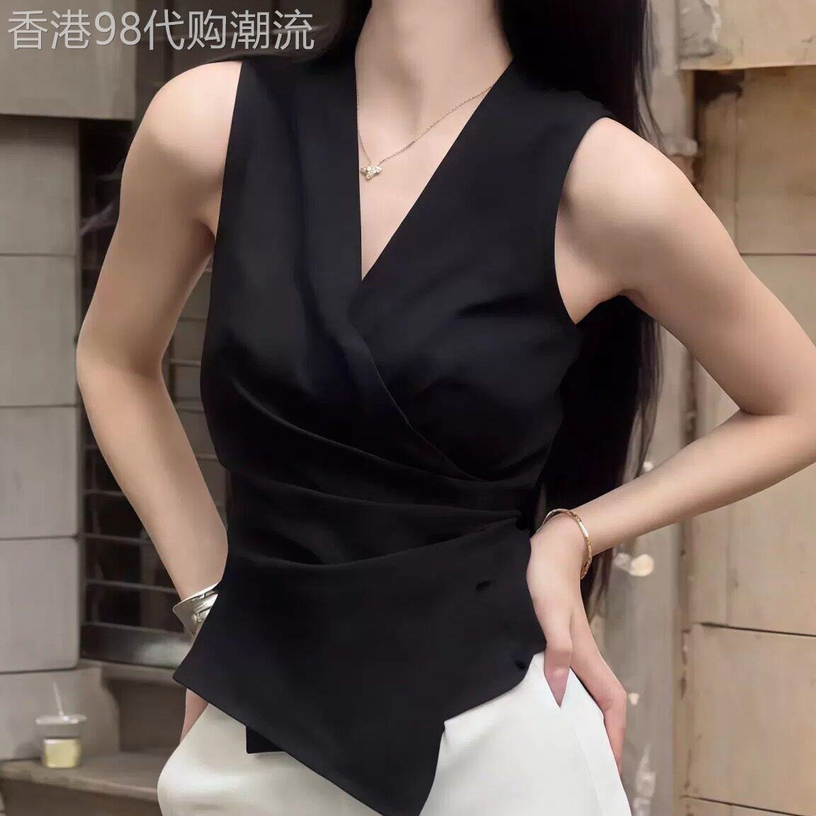 黑色V领无袖背心短马甲女2026夏高级感修身绑带收腰法式轻熟上衣