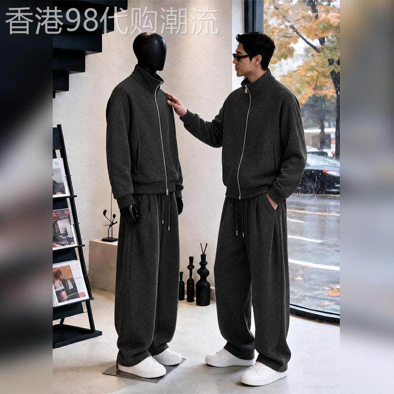 2026秋冬季轻奢重磅休闲运动套装男士立领夹克外套直筒卫裤两件套