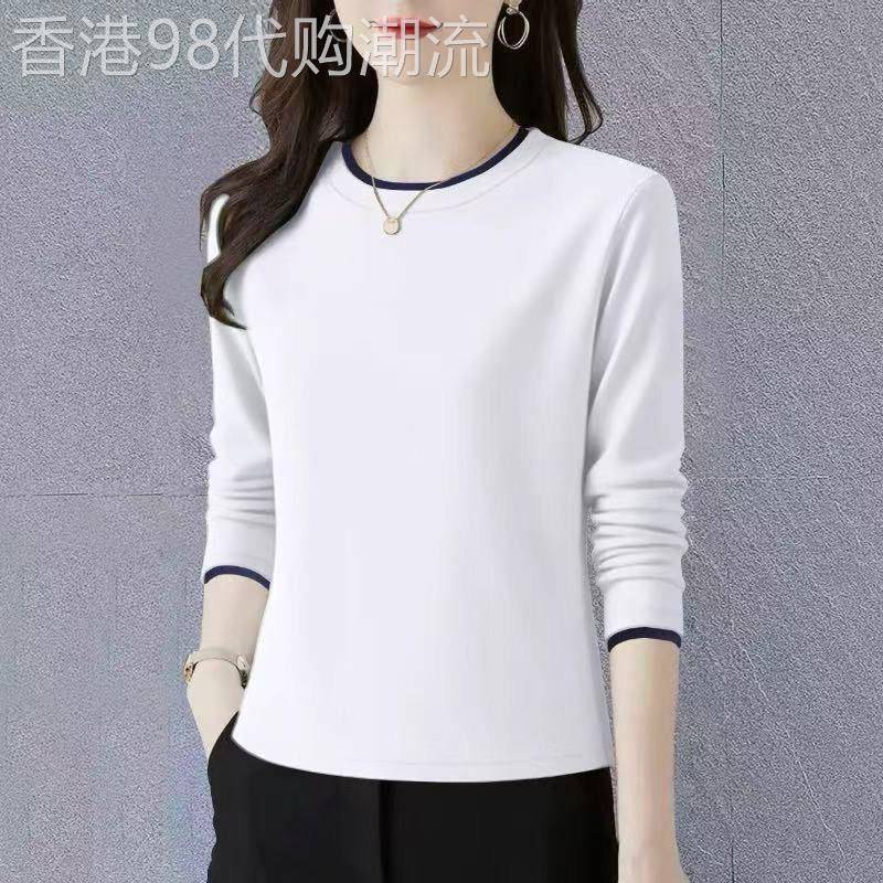 韩国潮牌设计感纯棉圆领秋季女士韩版宽松休闲正肩长袖大码打底衫