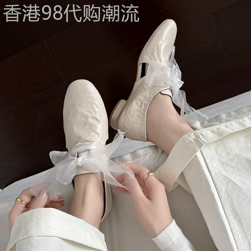 北岛童话~小众褶皱牛皮蕾丝系带单鞋女春深口中空圆头低跟小皮鞋
