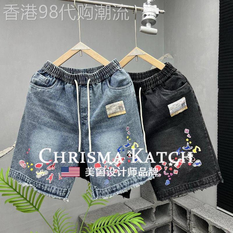 出口美国Chrisma Katch~牛仔短裤时尚印花百搭休闲五分裤沙滩裤
