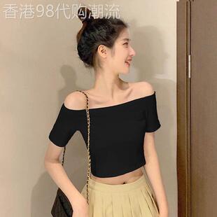 黑色一字肩短袖t恤女短款修身ins潮网红夏季露脐设计感露锁骨上衣