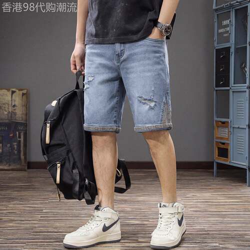 美式潮牌复古破洞牛仔短裤男2026新款宽松直筒水洗中裤休闲五分裤