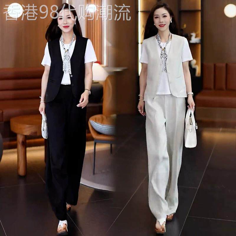 香港代购时尚休闲套装女夏新款显瘦丝巾马甲短袖T恤阔腿裤三件套