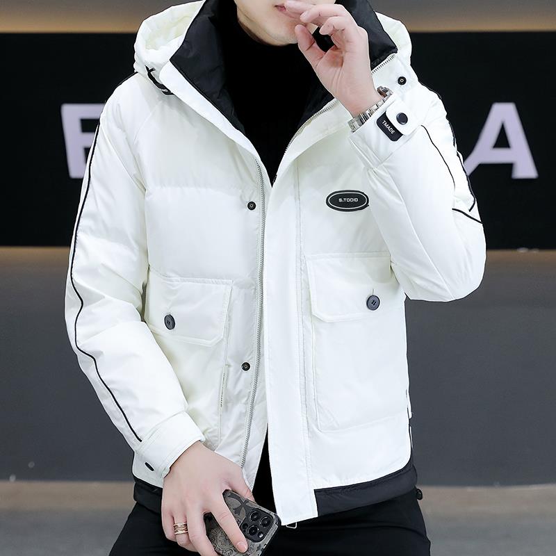 高端连帽工装羽绒服男短款潮流白色鸭绒修身2024新款加厚保暖外套