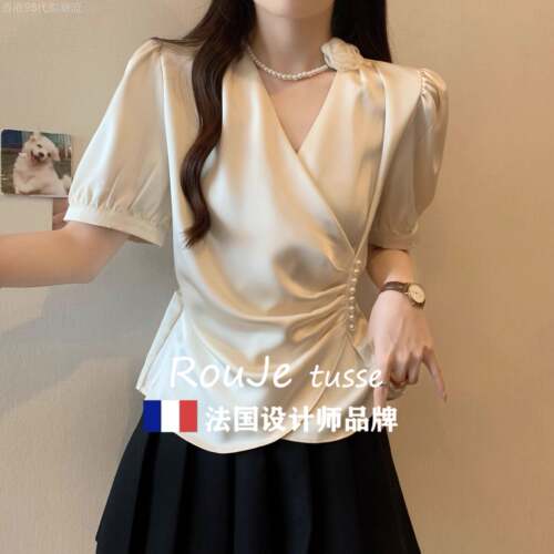 Rouje tusse高端短袖真丝衬衫女夏季桑蚕丝收腰法式V领不对称上衣