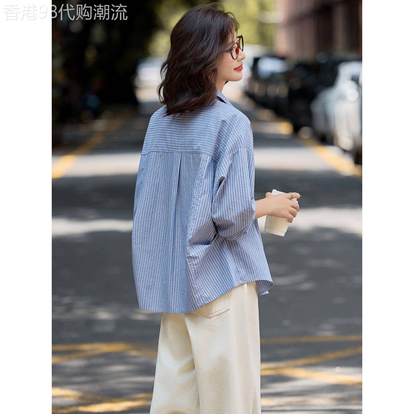蓝色条纹衬衫外套女夏季2026新款休闲简约职业通勤宽松遮肉衬衫女