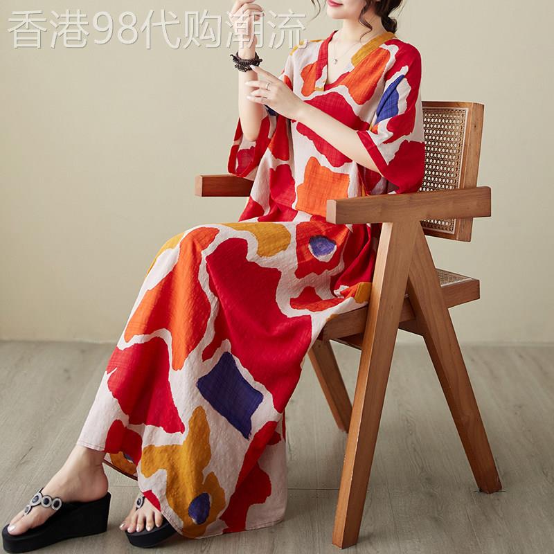 棉麻印花短袖洋装女2025夏季新款宽松大尺码休闲 高端亚麻女士长