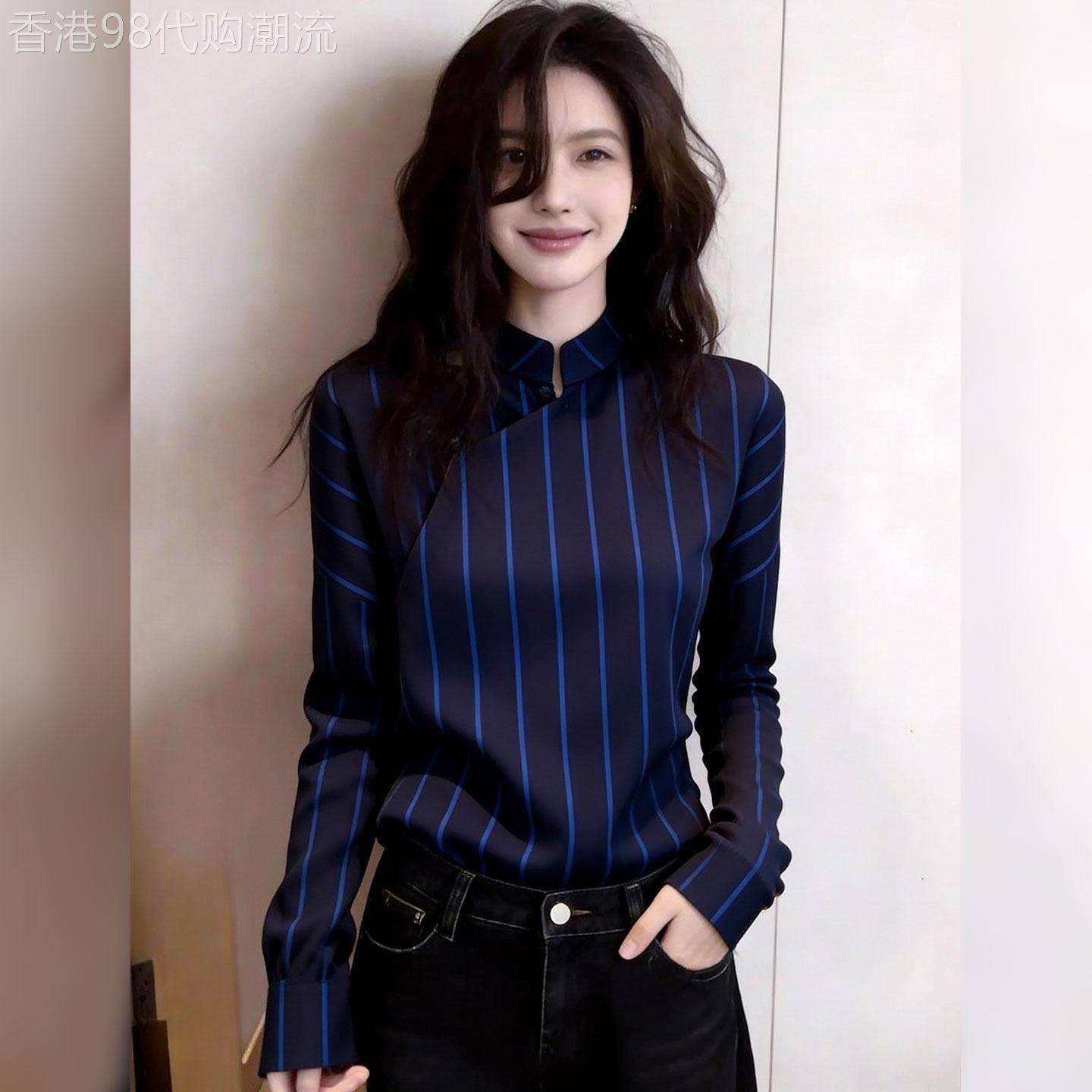 巨好看高端流行别致百搭藏青色新中式上衣女2026春季条纹通勤衬衫