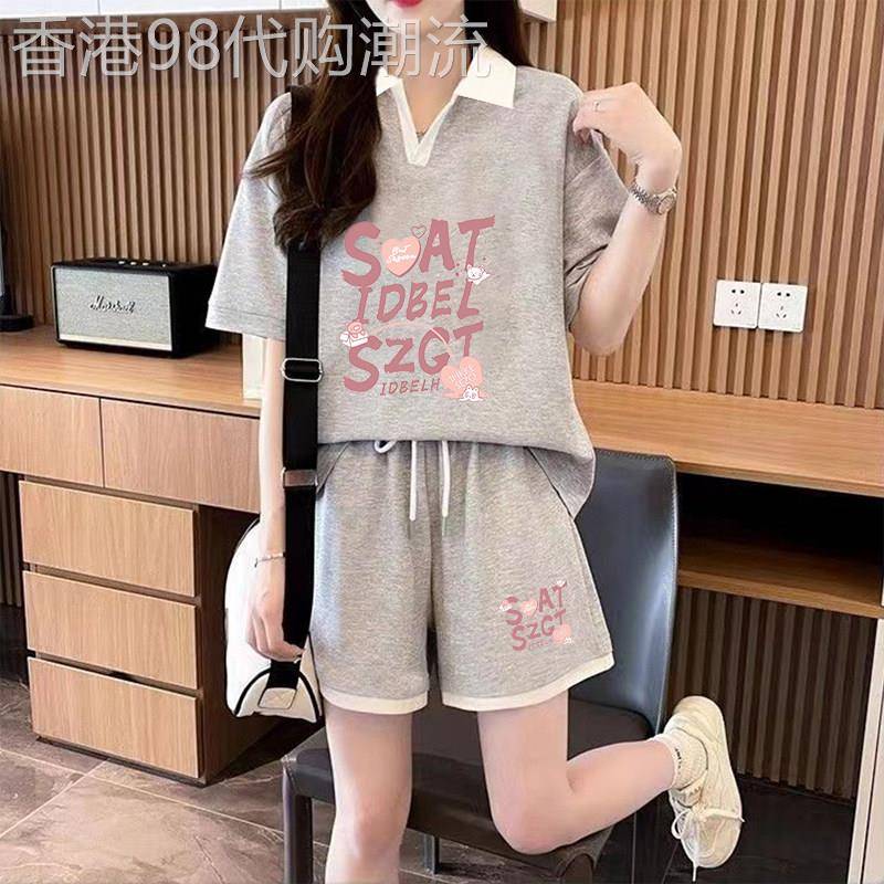 纯棉POLO衫休闲运动风套装女夏季时尚宽松大尺码显瘦短袖短裤两件