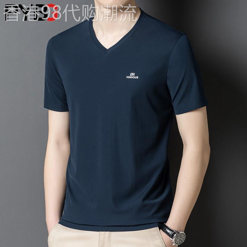 高端桑蚕丝短袖t恤男士2026夏季新款V领纯色半袖男款休闲上衣服潮