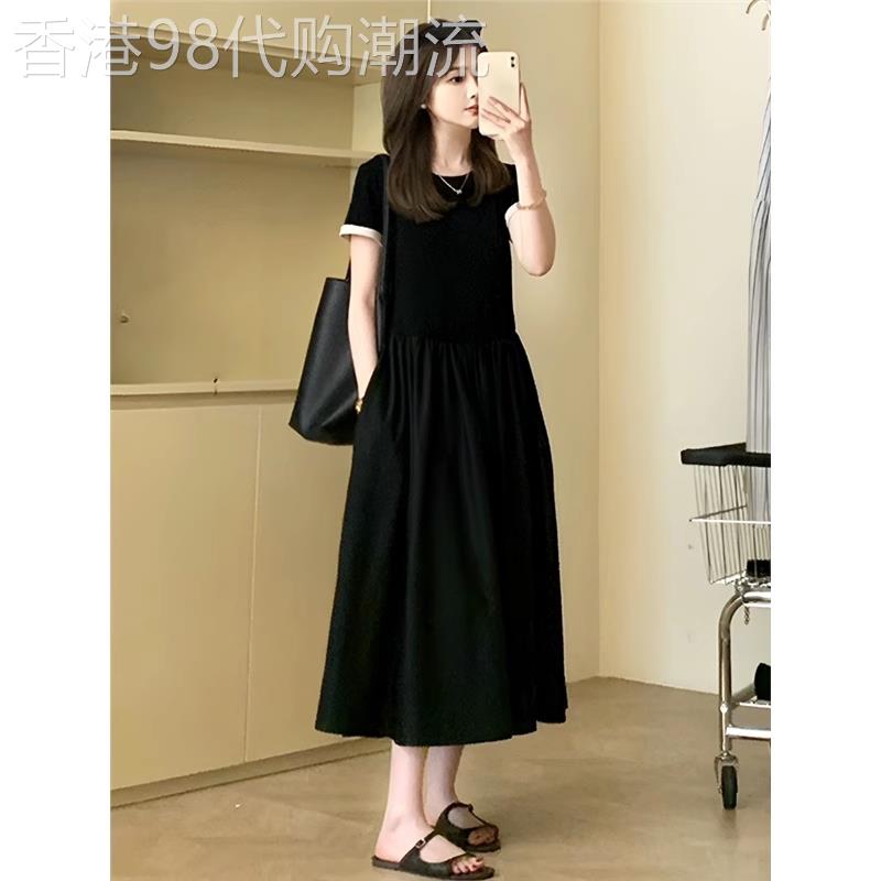 欧洲站夏季新款洋气时尚减龄精致小黑裙简约风气质收腰显瘦连衣裙